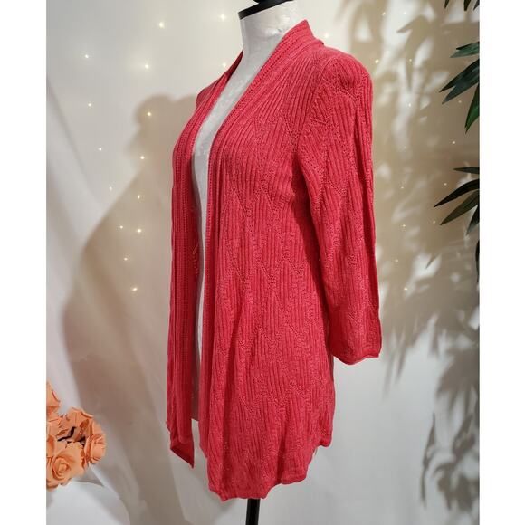 Nic + Zoe Linen Blend Open Pointelle Knit Cardigan Size L Semi Sheer Coral Pink - Picture 2 of 10